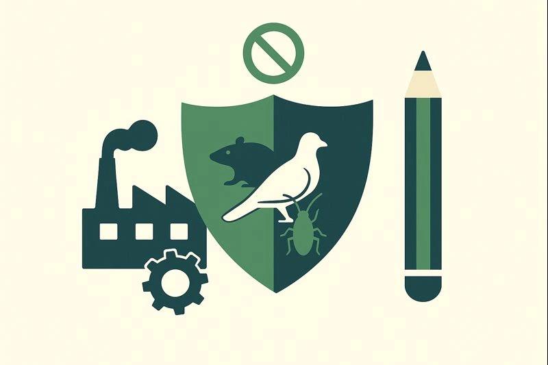 Illustration plate montrant une usine, un bouclier avec un rat, un oiseau et un insecte, plus un crayon, pour symboliser la formation lutte contre les nuisibles en agroalimentaire de Qualiflèche.