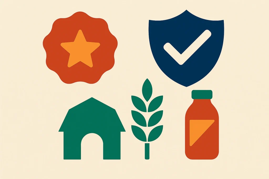 Illustration avec sceau étoilé rouge, bouclier bleu, bâtiment agricole vert, épi de blé et bouteille pour symboliser l’audit interne Label Rouge.