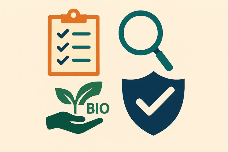 Illustration avec usine, loupe, bouclier et document pour symboliser les audits qualité et sécurité en agroalimentaire.