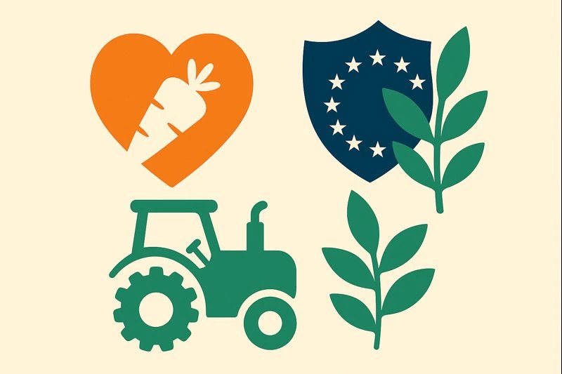 Illustration avec cœur et carotte, bouclier européen, tracteur et plantes pour symboliser la formation en agriculture biologique.