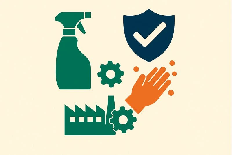 Illustration avec spray de nettoyage, usine, engrenages, bouclier avec coche et main qui se lave pour symboliser la formation Bonnes Pratiques d’Hygiène en agroalimentaire.