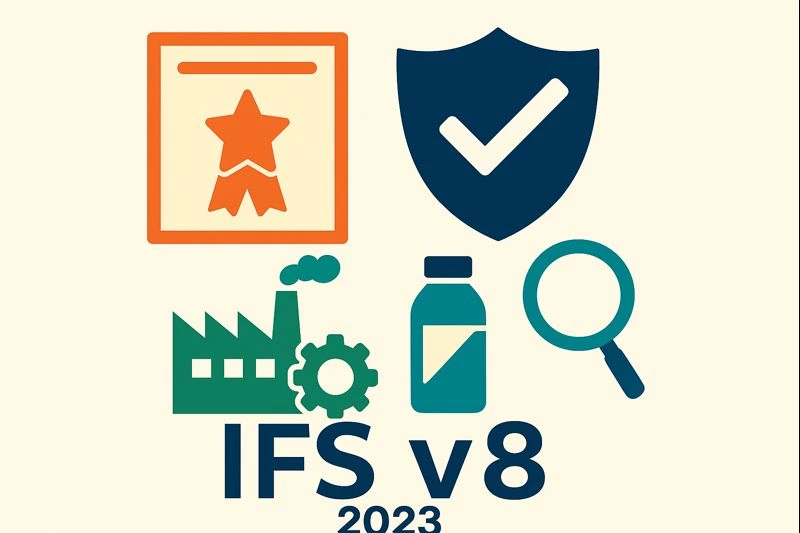 Logo de la formation IFS v8 avec pictogrammes de certificat, bouclier, usine, bouteille et loupe sur fond beige.